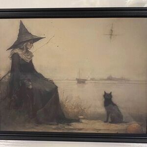 Framed 8x10” Witch And Black Cat Wall Art Decorative Print